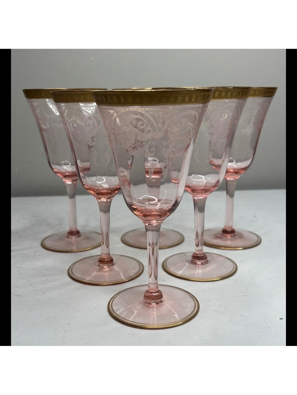 Cambridge Crystal Etch 704 Gold Encrusted Pink Wine Glass set of 6